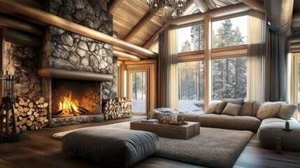 Rustic cabin interior with fireplace