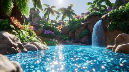 Serene Tropical Paradise with Sparkling Blue Waterfalls, Lush Greenery, Exotic Flora, and Sunlit Reflections in a Peaceful Oasis Setting