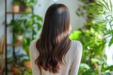 Japanese Woman Beauty Image with Long Hair in Serene Indoor Space