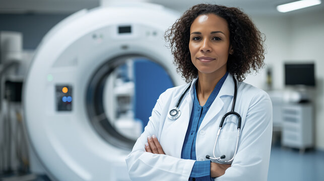 Confident Afro-Amacan middle-aged female doctor standing in front of MRI machine in white coat. Female doctor radiologist looking at camera standing in front of tomograph