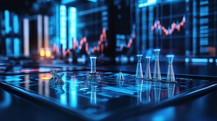 A 3D investment strategy board with animated strategic markers, symbolizing the planning and execution of investment strategies.