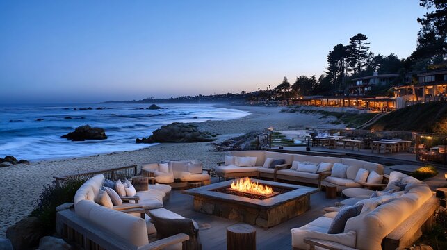 Coastal fire pit lounge, ocean sunset, resort relaxation
