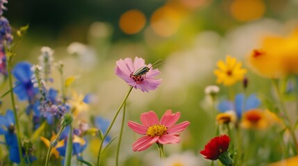 Beetle on cosmos flower in vibrant garden; blurred background; nature photography