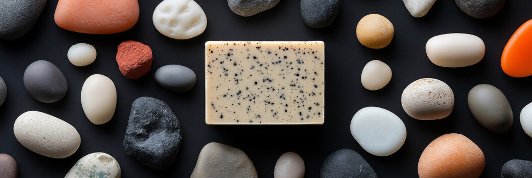 Spa-like soap bar surrounded by smooth stones.
