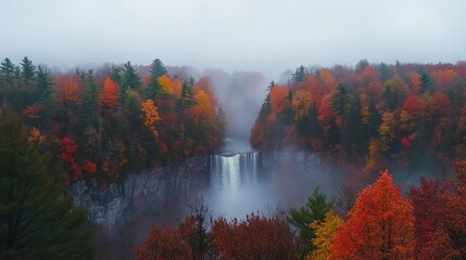 Fototapeta premium Autumn Waterfall Mist Forest Landscape, Aerial View