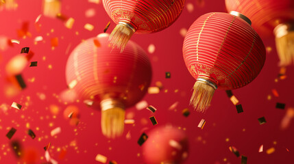 Red lanterns and gold confetti falling against a red background.