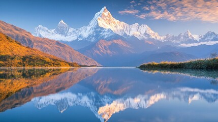 Fototapeta premium Majestic Himalayan sunrise reflected in tranquil lake