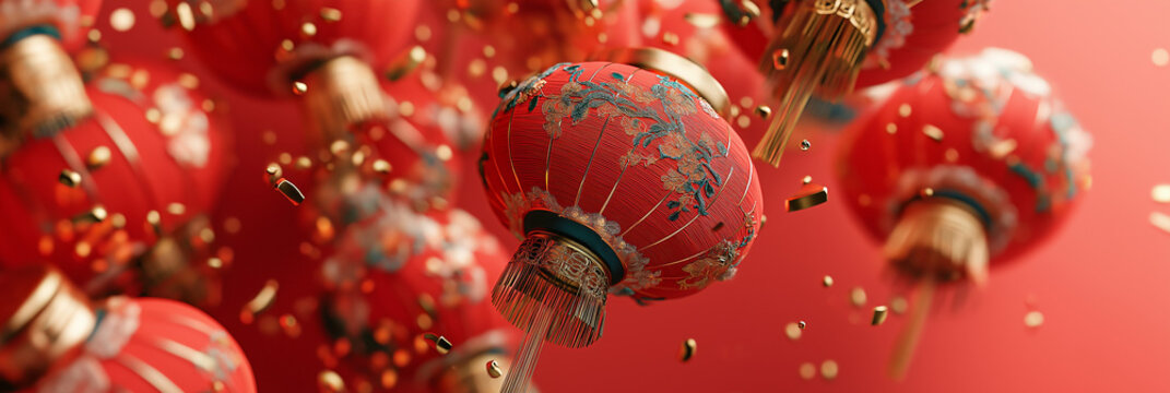 Red lanterns floating, festive celebration