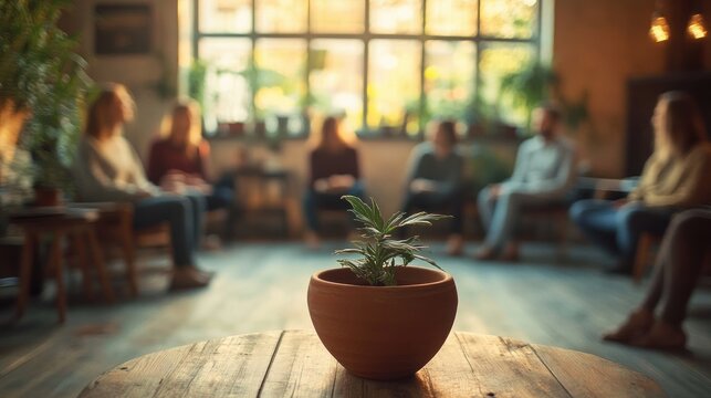 Back view of a woman in a group therapy session in a warm supportive environment with diverse individuals sharing experiences