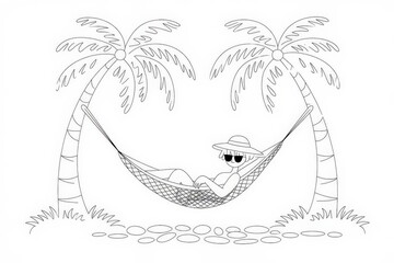 Person lying in a hammock between two coconut trees, vacation and travel concept, white background