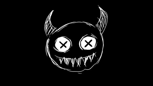 An expressive doodle of a devilish face with crossed-out eyes and sharp teeth, suitable for Halloween, dark humor, and edgy designs