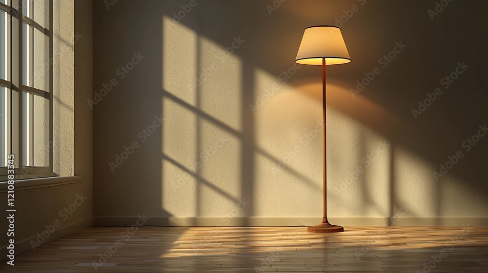 Poster illuminated floor lamp casting shadows in a sunlit room.