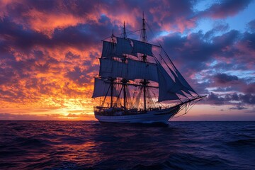 Majestic Tall Ship Sailing at Sunset Ocean