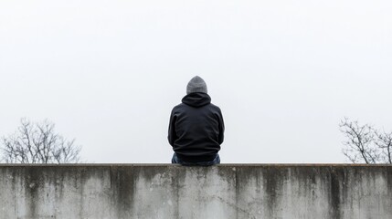 A lone person sits on a wall, back to the camera, gazing out at a foggy landscape.