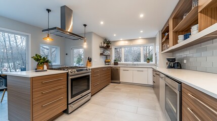 Fototapeta premium Modern kitchen remodel, island, wood cabinets, winter view