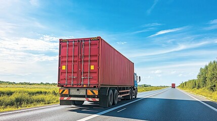 Obraz premium Red truck hauling container on highway, sunny day, rural landscape, logistics