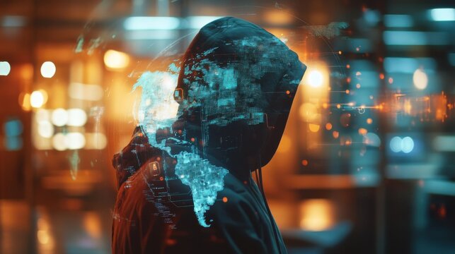 Hacker in hoodie using abstract digital padlock and map hologram on blurry office interior background. Hacking, security and global protection concept. Double exposure