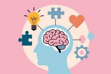 Silhouette of a human head with a light bulb, a puzzle piece, a heart and a gear around the head, mental health concept