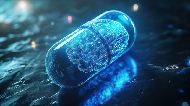 Change human system concept with bright blue pill and brain microcircuit inside on blank dark wallpaper. 3D rendering, mock up