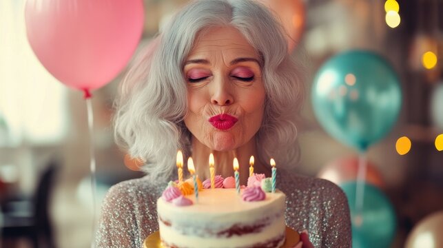 Pretty grey haired wrinkled woman keeps lips folded wears bright makeup holds delicious cake celebrates 102nd birthday going to blow candles and make wish holds inflated balloon. Party time concept