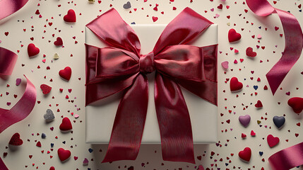 A beautifully wrapped Valentine's Day gift box with a red ribbon and bow, surrounded by small hearts and confetti, evoking a sense of surprise and love. 