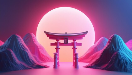 太陽に照らされた3D神社と日本の山々の近未来的風景