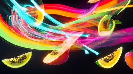 Rainbow light trails swirl around papaya slices & mango; vibrant, dark background; food advertising