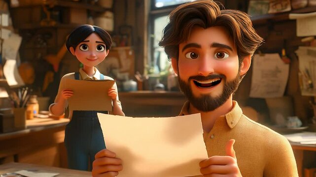 Two characters in a workshop, one holding a sheet of paper, smiling.