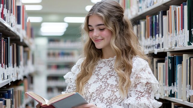 Smiling young female student reading an open book while standing between bookshelves in a bright library.