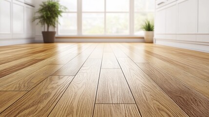 Bright kitchen hardwood floor, sunlight, plant, cabinets, product display