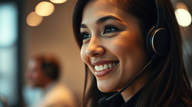 Smiling customer service representative wearing a headset, providing excellent support and assistance.  A professional and friendly image perfect for your business.