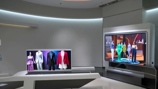 Sleek futuristic showroom featuring an interactive digital fashion display with innovative designs.