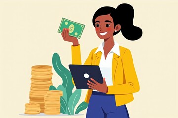Confident Businesswoman Managing Finances with Digital Tablet and Dollar Bill Surrounded by Stacks of Coins and Green Plants in Modern Workspace