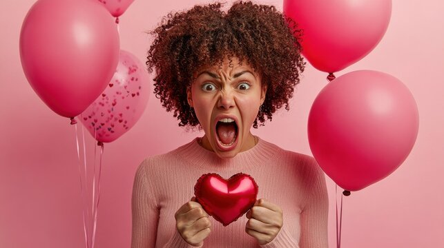 Emotional displeased curly woman exclaims loudly feels mad or depressed celebrates Valentines Day alone holds heart shaped cake and balloons hates this holiday poses against pink background.