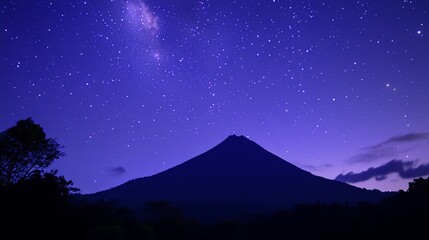 Night Sky Volcano Silhouette, Starry Milky Way, Tropical Landscape, Travel Poster