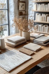 Cozy Scandinavian Workspace with Textured Fabric Swatches Notebooks and Natural Light