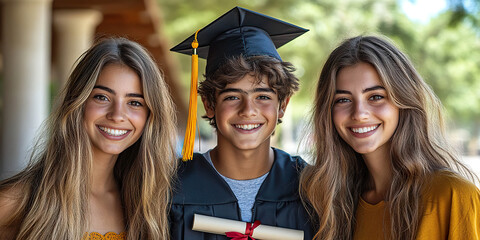 Young graduate in gown and cap happily posing with two girls during an outdoor ceremony. Generated with AI.