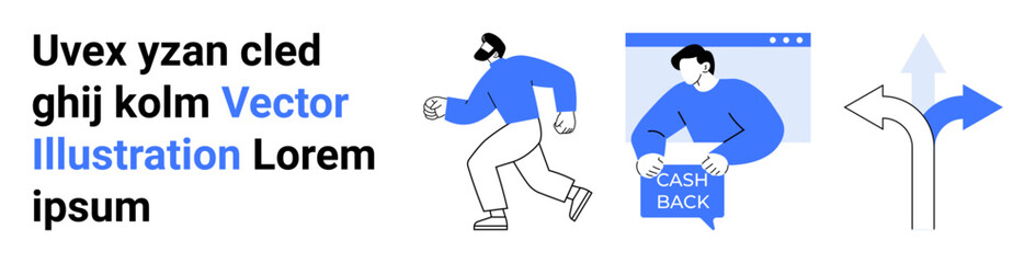 Man running, person holding cashback sign, directional arrow. Ideal for marketing, business strategy, financial services, navigation, advertisements, web design, promotional campaigns. Landing page