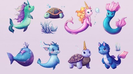 Obraz premium Sea cartoon unicorn. Mermaid character, fish and seahorse. Cartoon cat with mermaids tail, underwater turtle and creature. Mythical nowaday vector sea kit