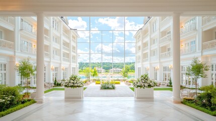 Luxurious hotel atrium with pool view, bright sunlight, and lush greenery. Use travel brochure