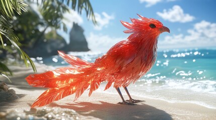 Fototapeta premium Red bird, tropical beach, ocean waves, fantasy, game asset