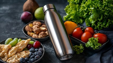 Stainless steel bottle amidst healthy food, dark background, lifestyle blog