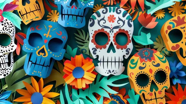Colorful Dia de los Muertos paper craft skulls adorned with floral patterns and surrounded by vibrant paper flowers Day of the Dead. AI