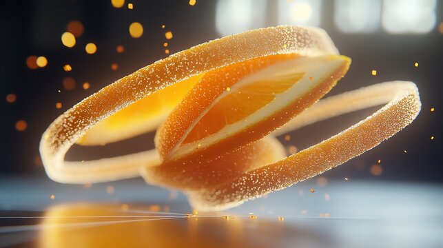 Spinning orange slices, studio, bokeh background, food ad