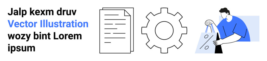Person holding shopping bags, document icon, and gear icon. Ideal for business processes, e-commerce, documentation, technical support, content creation, workflow management marketing campaigns