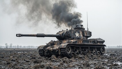 Fototapeta premium Abandoned tank in muddy field with smoke