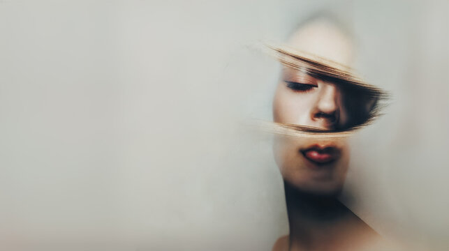 Image signifying confusion, depression, and desolation. A fragmented life. Inner turmoil. Abstract portrait, face of a woman, artistic, surreal design, closed eyes.