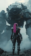 Fototapeta premium A female warrior with pink hair stands in front of a giant mech in a foggy setting.