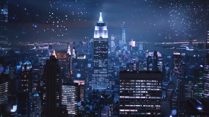 Obraz premium A view of the New York skyline at night, with glowing skyscrapers and stars above, highlighting the city's vibrant nightlife