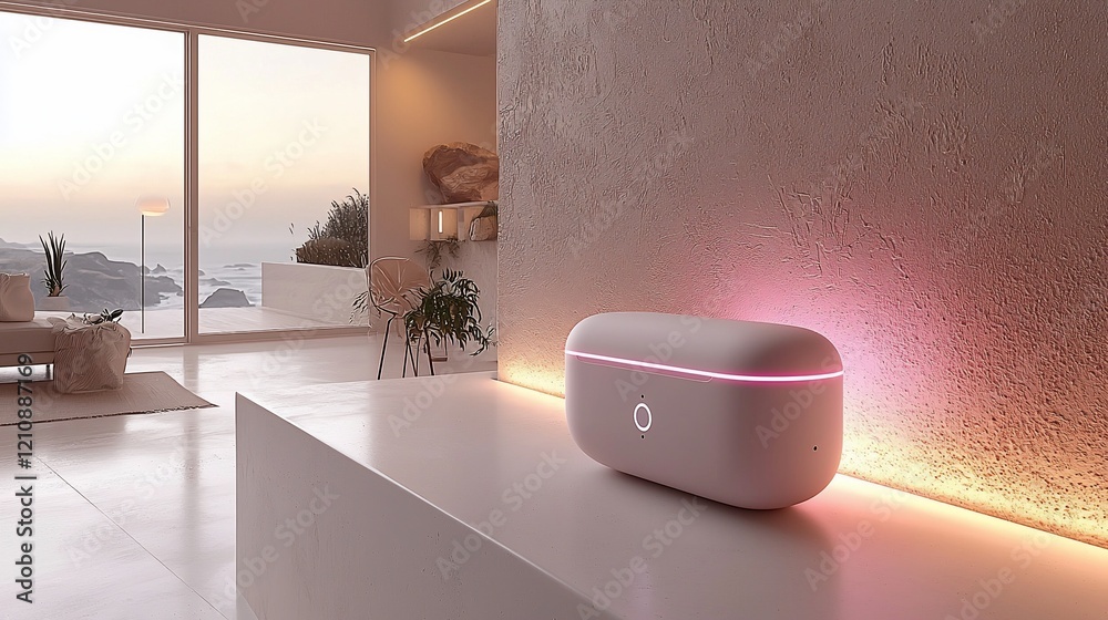 Poster Modern minimalist smart home device on a white surface with ocean view.